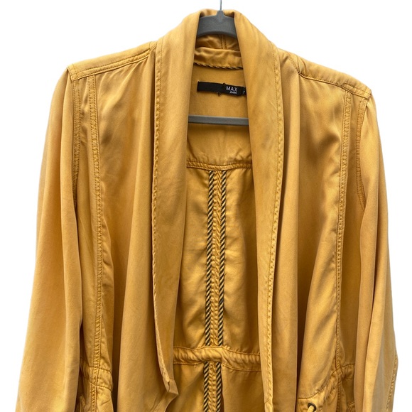 Max Jeans Draped Jacket in Mustard Yellow, Fall Trench Coat, Open Tie Front Coat - Picture 6 of 13